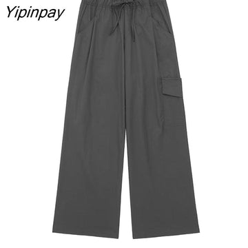 Yipinpay 2023 New Fashion Women Solid Cargo Pants Summer High Waist Straight Long Pants Casual High Street Pocket Outwear Two Colors